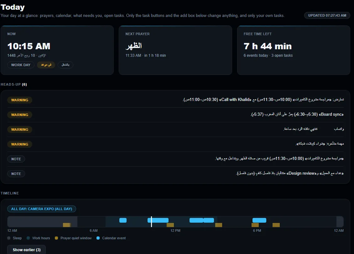 NAURA “Today” page with sample data